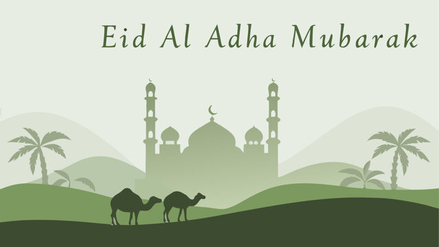 Celebration illustration for eid al adha featuring mosque and camels