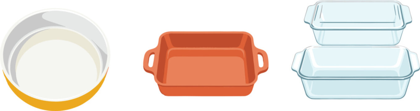 Baking Dish Vector Collection Featuring Ceramic and Glass Oven Dishes, Casserole Trays, and Kitchen Cookware for Cooking, Food Preparation, and Kitchen Design