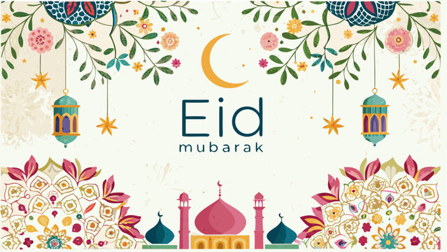 Colorful celebration design featuring the word eid with festive patterns