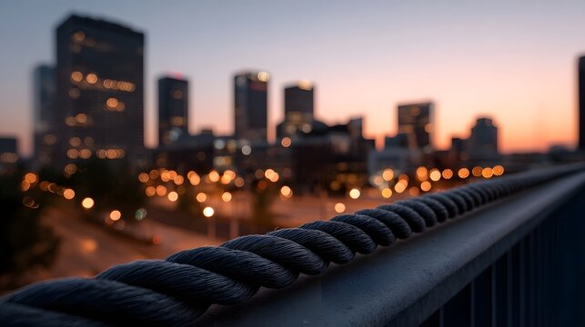 Foreground detail of a thick twisted metal rope with a softly blurred city skyline at twilight with warm sky colors