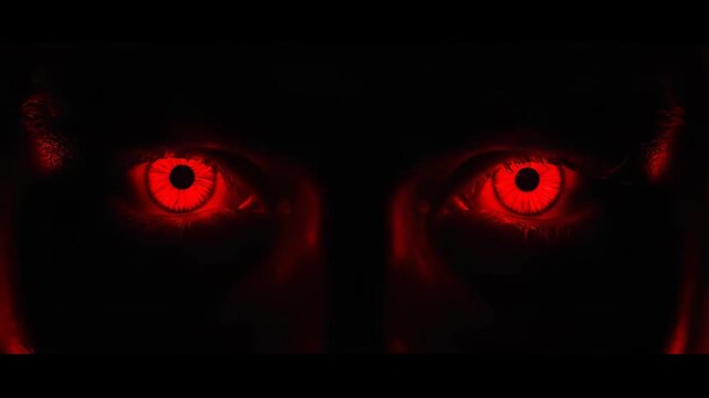 Closeup of intense human eyes with glowing red irises in deep darkness, cinematic horror portrait of a supernatural entity