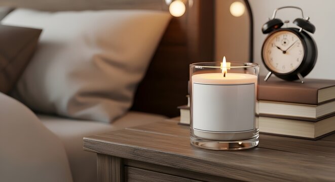 A lit candle in a glass jar with a white label sits on a wooden bedside table next to a stack of books and an old fashioned black alarm clock with a blurred background of a bed with
