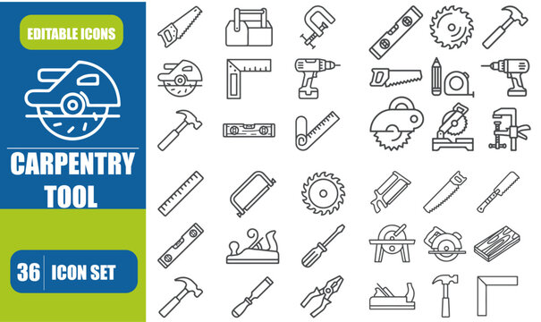 Professional Carpentry Tools and Woodworking Equipment Minimalist Thin Line Vector Icon Set
