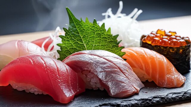 Delicious Assortment of Fresh Sushi and Sashimi on a Dark Slate Plate