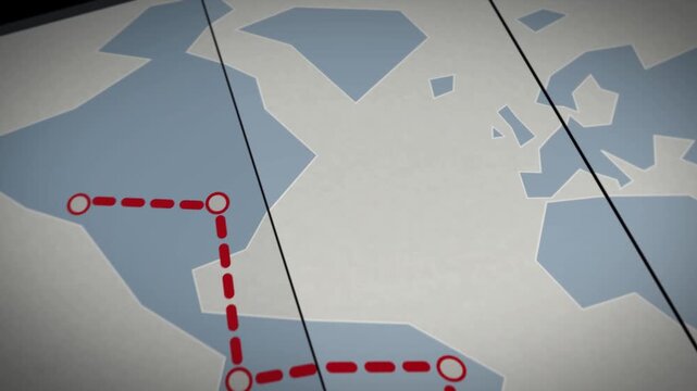 Animated world map with red dashed travel route connecting global continents