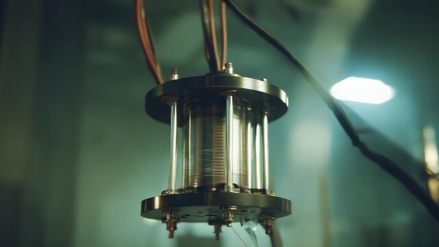 Scientific instrument with electrical wires conducting specialized laboratory research, developing new technologies and solutions in a high tech industrial precision machinery setting