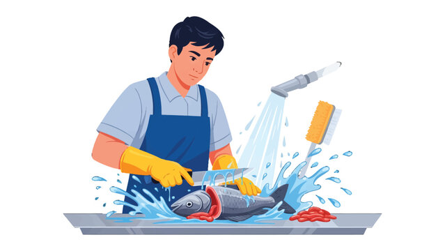 Fishmonger at Work: A skilled fishmonger diligently prepares fresh seafood, expertly filleting a fish with precision in a clean and efficient workspace.