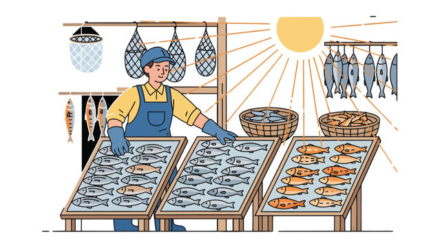 Fish Drying Artisan: An artisan meticulously arranges freshly caught fish on drying racks under the warm sun, a time-honored tradition showcasing the art of preservation and sustainable practices.