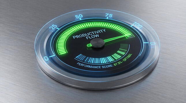 Productivity meter gauge indicator low medium max concept. A productivity gauge measuring performance levels visually.