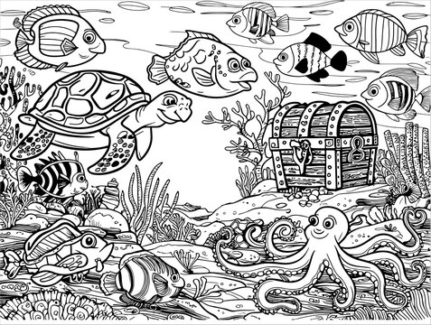 Underwater line art with octopus, turtle, fish, coral, and treasure chest. Fun marine coloring page for kids and DIY crafts.