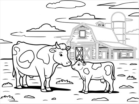 Farm line art with cow and calf on grass near barn and twin silos. Outline style for kids&rsquo; coloring books, DIY crafts, and preschool sheets.