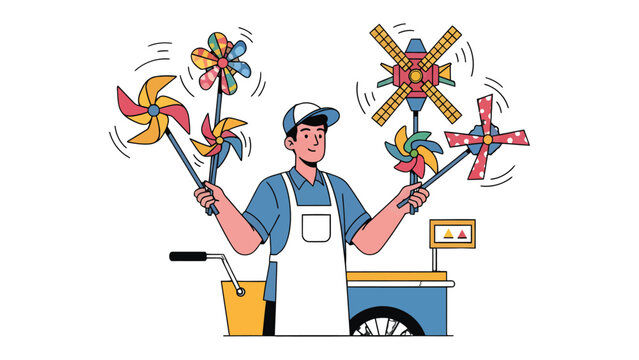Whimsical Pinwheel Vendor: A cheerful pinwheel vendor with a friendly demeanor and vibrant pinwheels and a cart that represents cheerful.