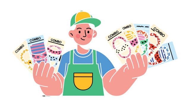 Combo Card Illustration: A cheerful vendor presents an array of combo cards, showcasing an assortment of designs. A vibrant and appealing visual of selection.