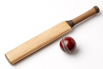 Top view of vintage cricket bat and ball isolated on white background