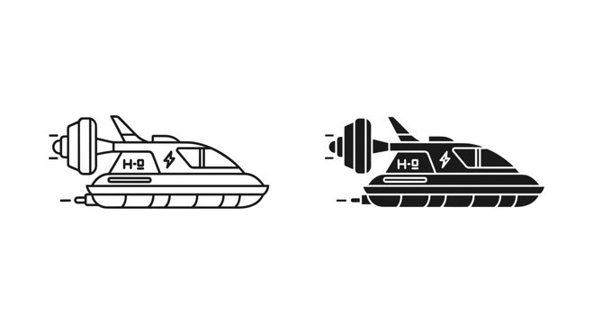 Futuristic hovercraft vector icons, sci-fi transport vehicle set in outline and silhouette styles, modern air cushion vehicle for gaming and tech