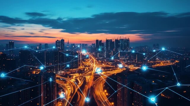Cityscape at dusk with connected lines showcasing technology and networks