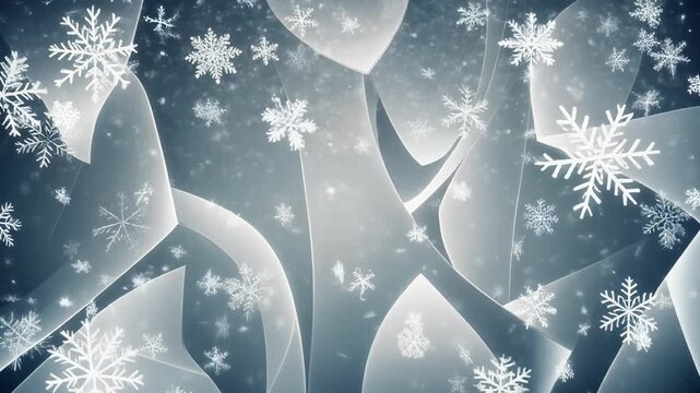 Abstract winter background with intricate icy patterns and numerous white snowflakes falling, creating a serene and frosty atmosphere.