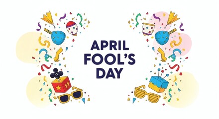 Naklejka premium April Fools Day Horizontal Banner with Colourful Doodles