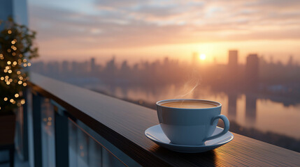 Naklejka premium Cinematic sunrise scene with a cup of coffee on a balcony overlooking a city skyline, golden hour lighting