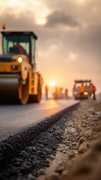 Road roller paving asphalt at sunset. Fresh asphalt edge detail. Workers and machines on site. Road construction process. Infrastructure maintenance work.
