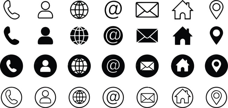 Contact icon set, contact us in line and solid style. Business card or website icons set address, location, number, fax, email, phone, website, message, name icon collection, communication contact Bus