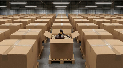 Fototapeta premium Large warehouse filled with neatly stacked cardboard boxes. Central box slightly open, revealing contents inside. Worker stands nearby