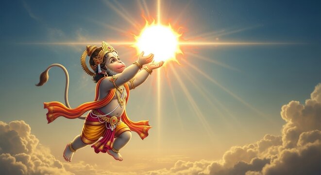 Hanuman jumping in air with outstretched arm holding sun surrounded by clouds monkey god
