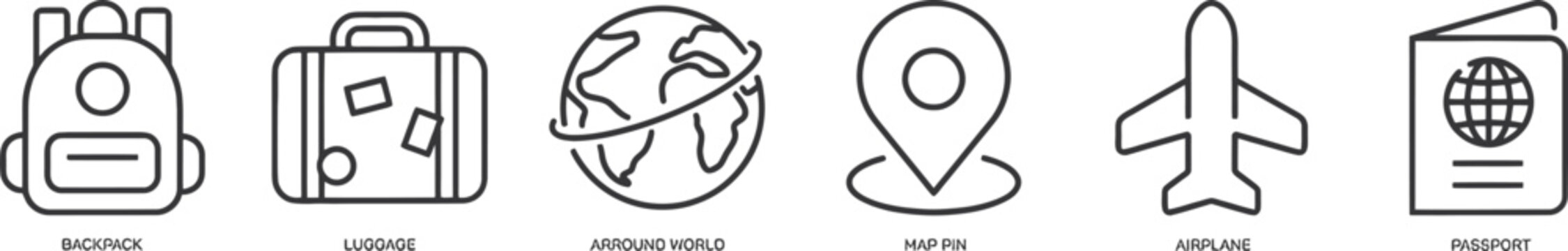 Travel icon. Tourism icon set silhouette. Simple Set of Travel Related Vector Line Icons. Contains such Icons as Luggage, Passport, Sunglasses and more. Editable Stroke. 48x48 Pixel Perfect.Gps travel