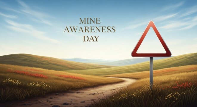  Mine Awareness Day Road Sign in Countryside Field