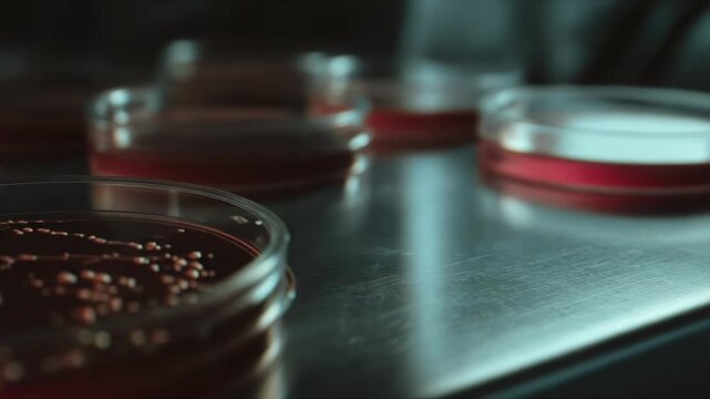 Petri dishes containing red agar media with visible bacterial colonies growing, representing scientific research, microbiology studies, and biotechnology development in a laboratory setting