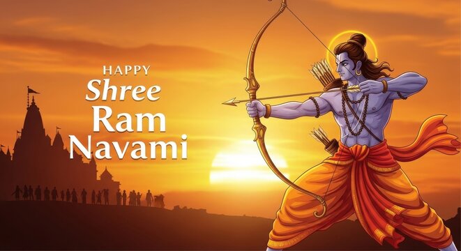 Hindu deity rama with bow and arrow at sunset with temple lord rama