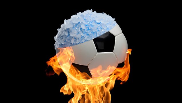 Striking visual dichotomy presents a classic soccer ball dramatically split between intense fiery flames below and shimmering ice crystals covering its top, symbolizing opposing forces.