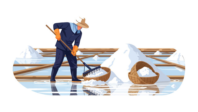 Salt Harvesting: A dedicated worker diligently harvests salt in a traditional salt field, his labor a testament to an ancient practice, the sun reflecting on the water surface.