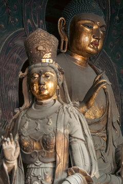 Exquisite Color-painted Sculpture and Ancient Architectur in Huayan Temple, Datong, Shanxi, China, Liao Dynasty. 