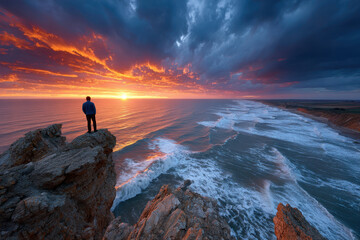 Fototapeta premium Lone figure on cliff edge watches vibrant sunset over dramatic ocean waves