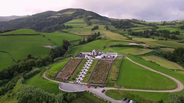 Beautiful aerial drone view of the Church of Our Lady of Peace (Nossa Senhora da Paz) overlooking Vila Franca do Campo on S&atilde;o Miguel Island in the Azores, Portugal. The distinctive zigzag staircase le