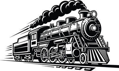 Vintage steam locomotive train silhouette classic railway engine transport black and white vector illustration isolated background design retro style © Mst