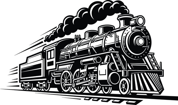 Vintage steam locomotive train silhouette classic railway engine transport black and white vector illustration isolated background design retro style