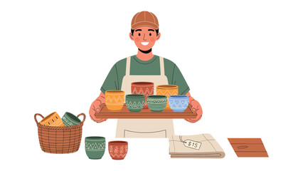 Artisan with Pottery: A skilled artisan, beaming with pride, presents a vibrant array of handcrafted pottery, each piece reflecting creativity and dedication, against a backdrop of craftsmanship. © Murshida
