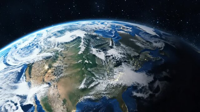 Rotating earth from space planet globe in orbit around sun environment and ecology concept aerial view of our world
