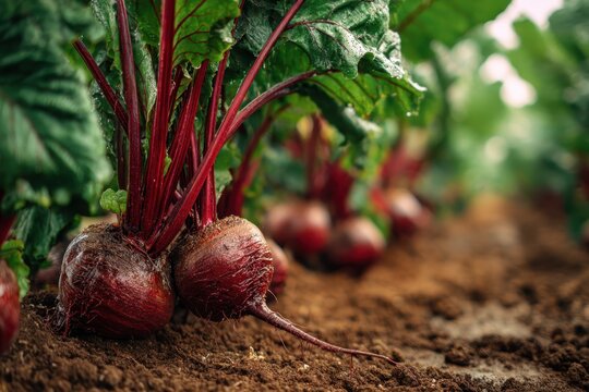 Fresh organic beetroots with vibrant green leaves growing in soil in a cultivated field. Beet planting in the plantation. Sustainable agriculture. Food production, healthy eating. Summer warm sunlight
