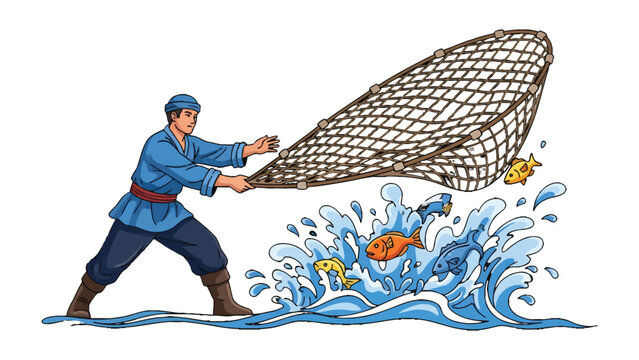 Fisherman Casting Net: A determined fisherman casts his net into the water, hoping to catch fish. The scene is filled with energy, illustrating the timeless pursuit of fishing.