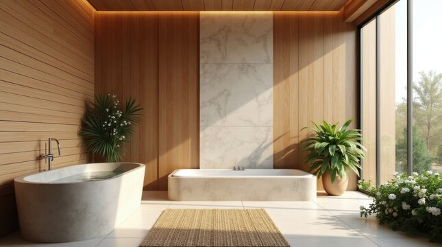Ba&ntilde;o tipo spa contempor&aacute;neo con detalles de pared en listones de madera horizontales