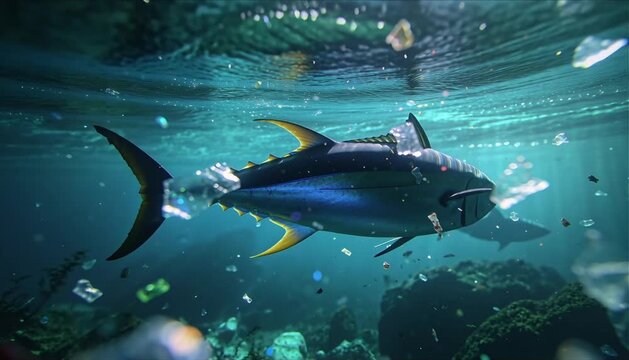 underwater macro shot of shimmering suspended microplastics with distant tuna silhouette and depth of field blur perfect for world tuna day