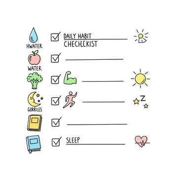 Daily habit checklist illustration for wellness, including water intake, healthy eating, exercise, reading, and adequate sleep for balanced life.