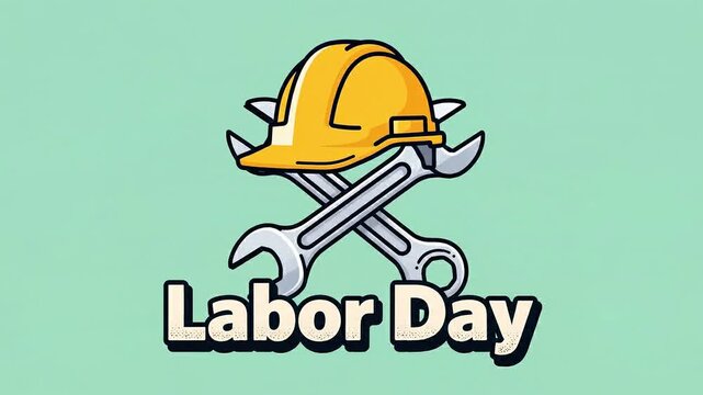 International Workers Day Yellow hard hat and crossed wrenches with Labor Day text Keywords: labor