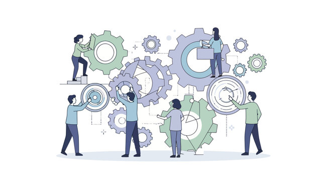 People working with large gears together.