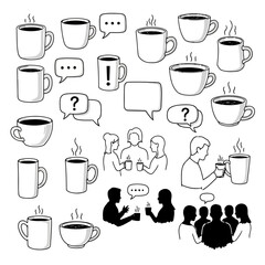 Obraz premium Collection of coffee cups and chat bubbles symbolizing communication and social interaction.