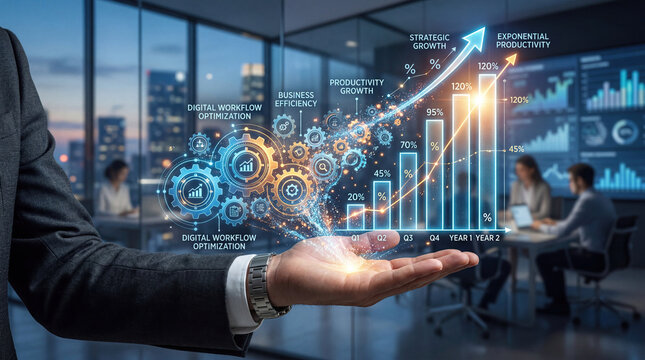 Process to increase productivity business digital growth concept. Businessman analyzing data trends using innovative technology.