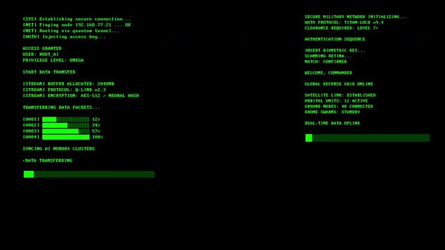 Futuristic terminal interface with fictional code for data transfer, authentication and encryption, cyber security concept and digital technology animation

